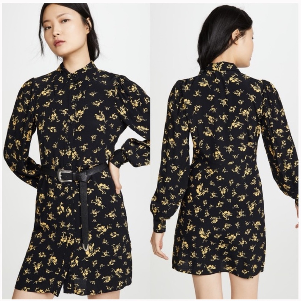 Ganni Black Long Sleeve Floral Shirt Dress with Yellow Print